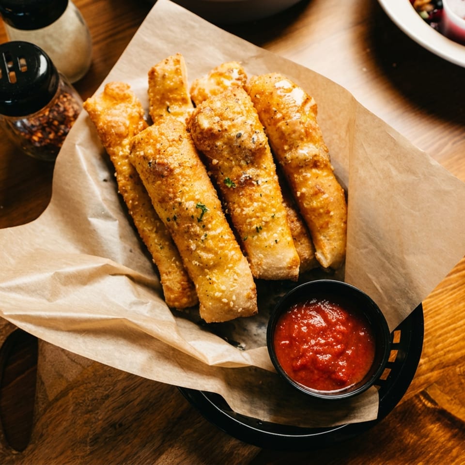 Golden fried breadsticks with marinara dipping sauce served on parchment-lined basket beside Italian dishes on a wooden table.