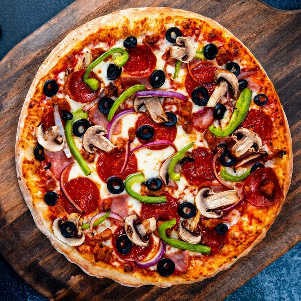 Overhead view of a loaded pepperoni pizza with mushrooms, black olives, green peppers, onions, and ham on a wooden serving board.