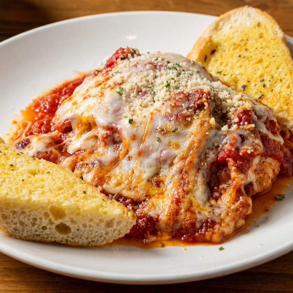 Cheesy baked pasta layered with tomato sauce and garlic bread on a white plate atop a wooden table.