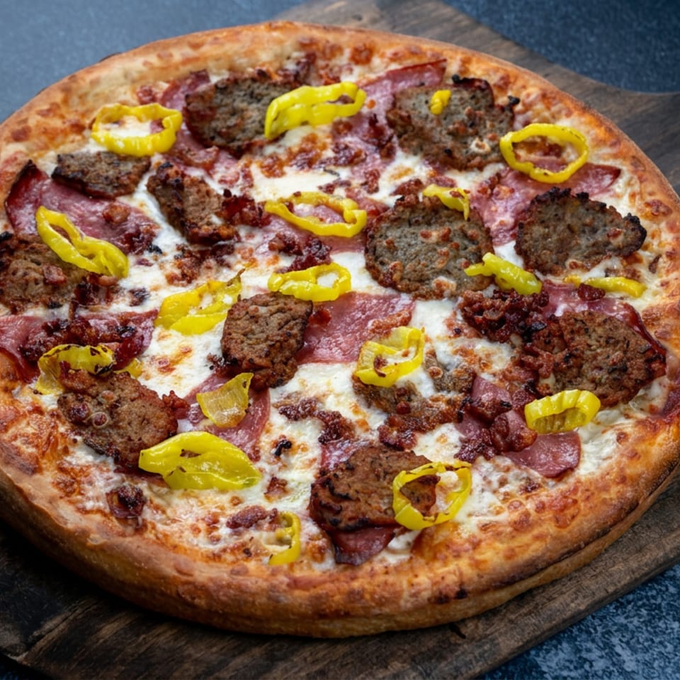 Loaded pizza topped with melted cheese, salami, sausage pieces, bacon, and yellow banana peppers on a wooden serving board.