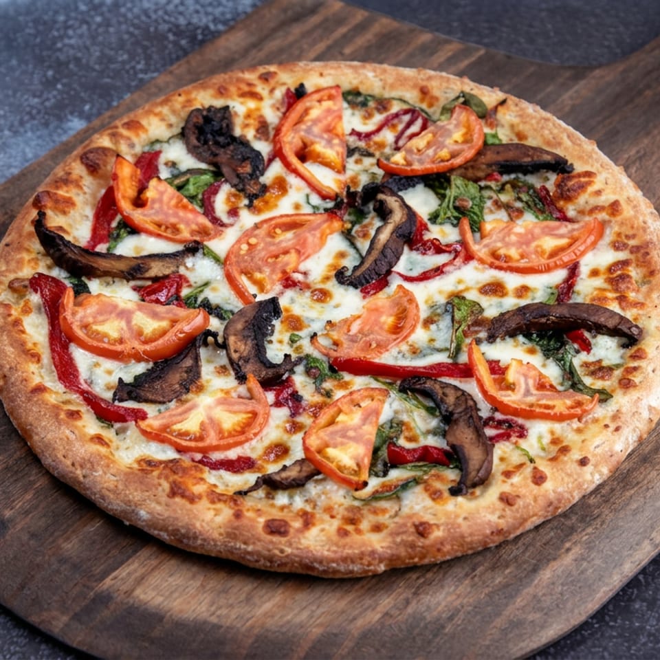 Vegetable pizza with mushrooms, tomatoes, peppers, spinach, and melted cheese on a wooden serving board.