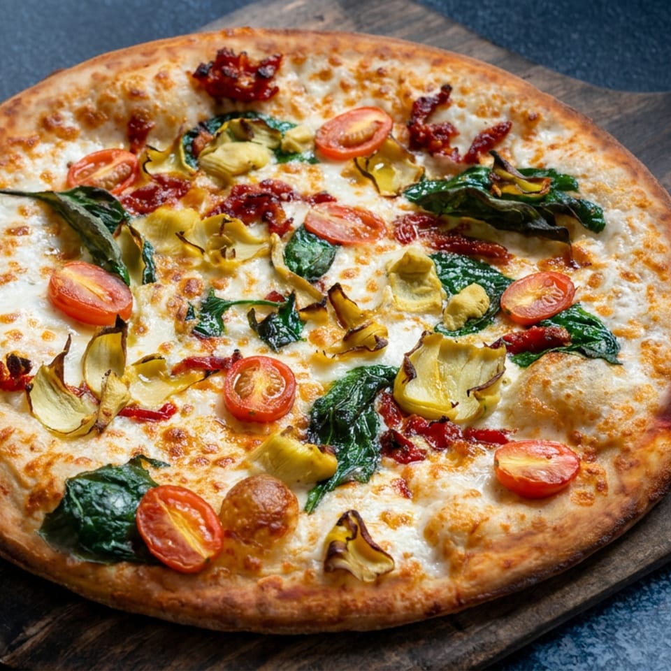 Vegetable pizza topped with cherry tomatoes, spinach, artichokes, and sun-dried tomatoes on a wooden serving board.