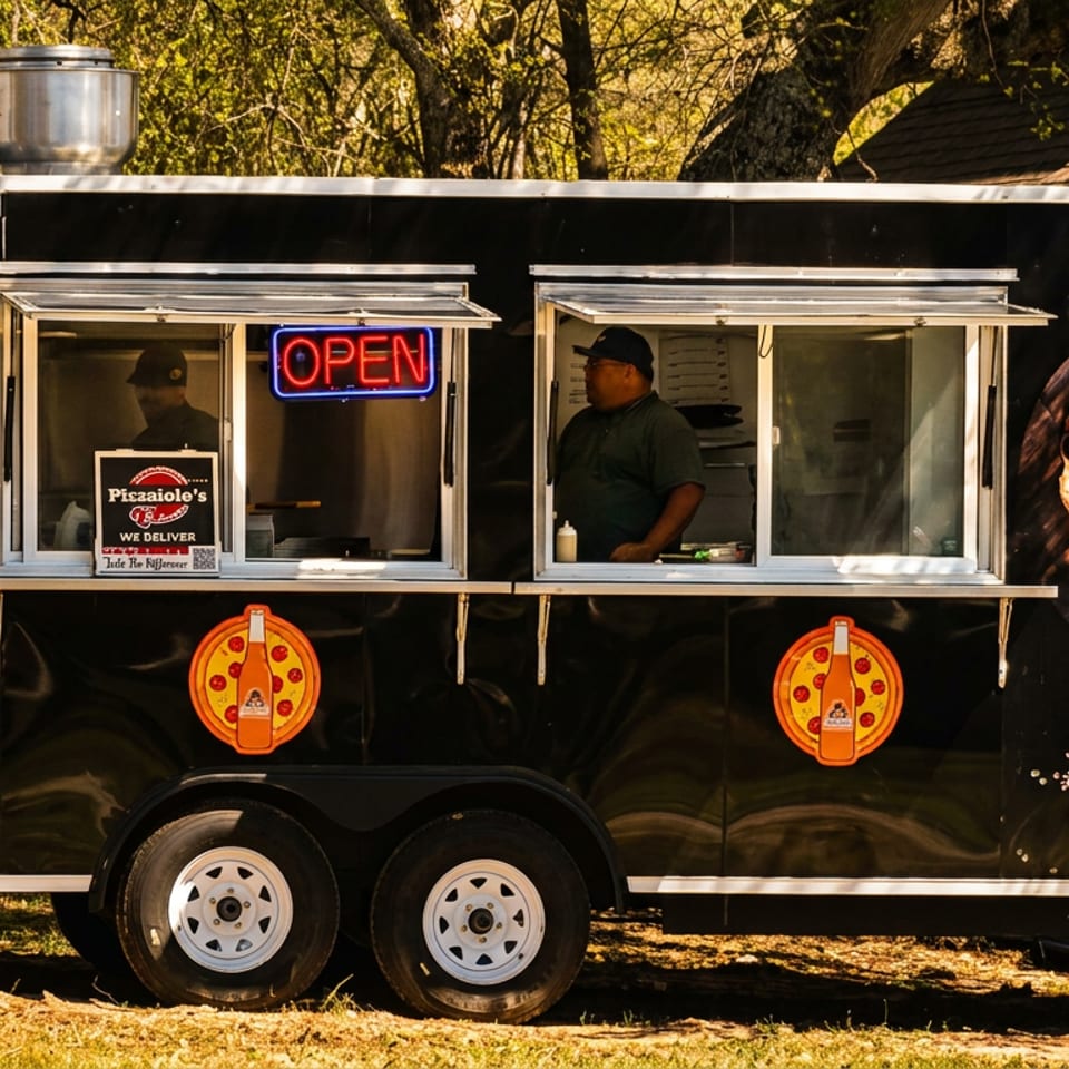 Pizzaiolo’s black food truck serving pizza, pasta, and wings, with an open window, worker, neon sign, and pizza mural.