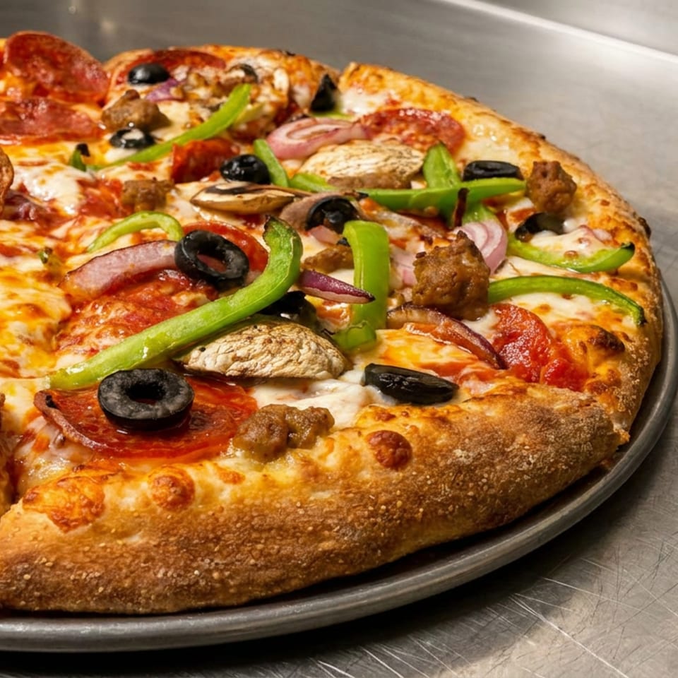 Loaded pizza topped with pepperoni, sausage, mushrooms, black olives, green peppers, onions, and melted cheese on a metal tray.