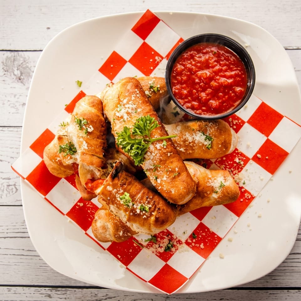 Golden fried stuffed pastries garnished with parsley and powdered cheese, served with chunky red dipping sauce on a checkered-lined plate.