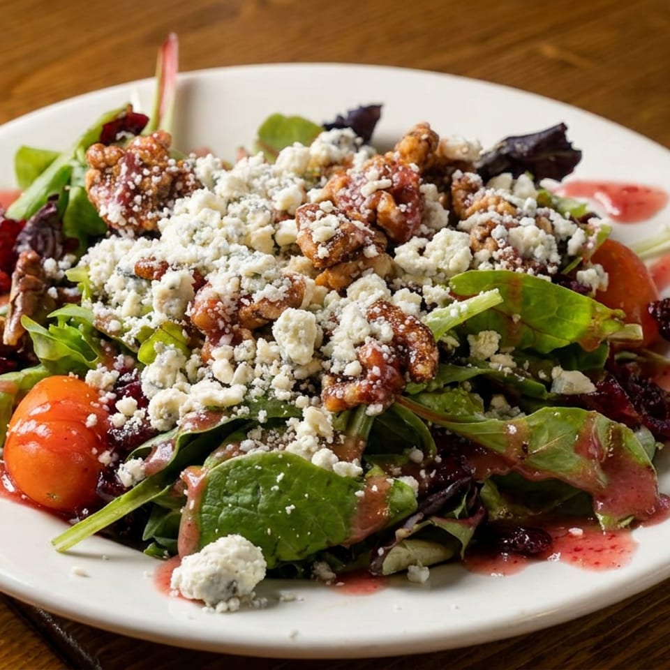 Mixed greens salad topped with blue cheese crumbles, candied pecans, dried cranberries, and tomatoes on a white plate.