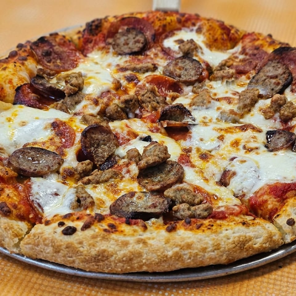 Loaded pizza with melted cheese, pepperoni, sausage, and mushrooms on a metal serving tray.