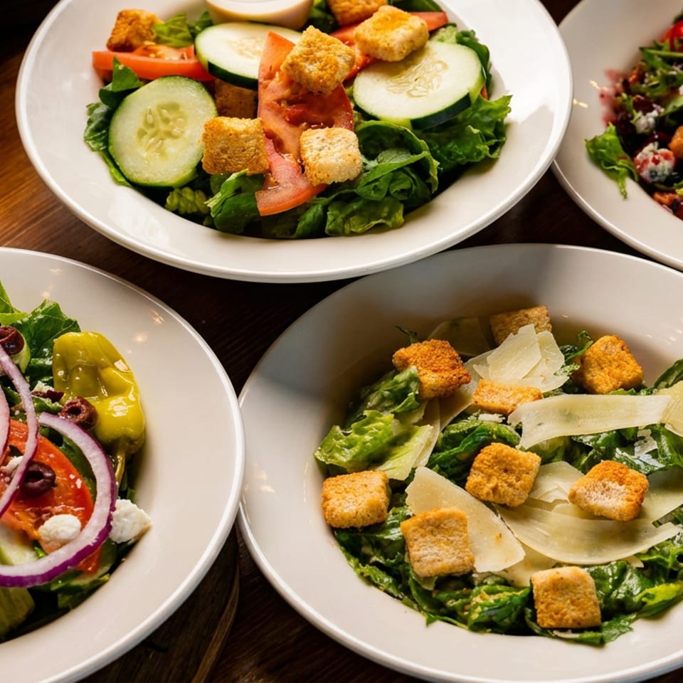Four bowls of fresh salads with lettuce, vegetables, croutons, cheese, and dressings arranged on a wooden restaurant table.