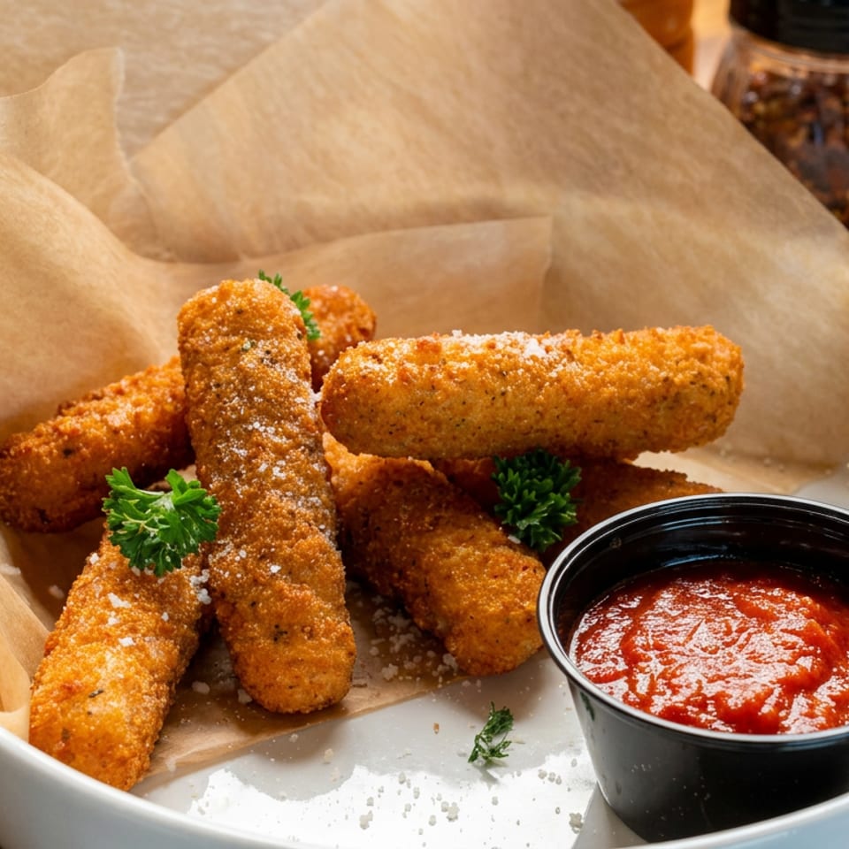 Breaded mozzarella sticks garnished with parsley and served with marinara sauce in a white bowl.