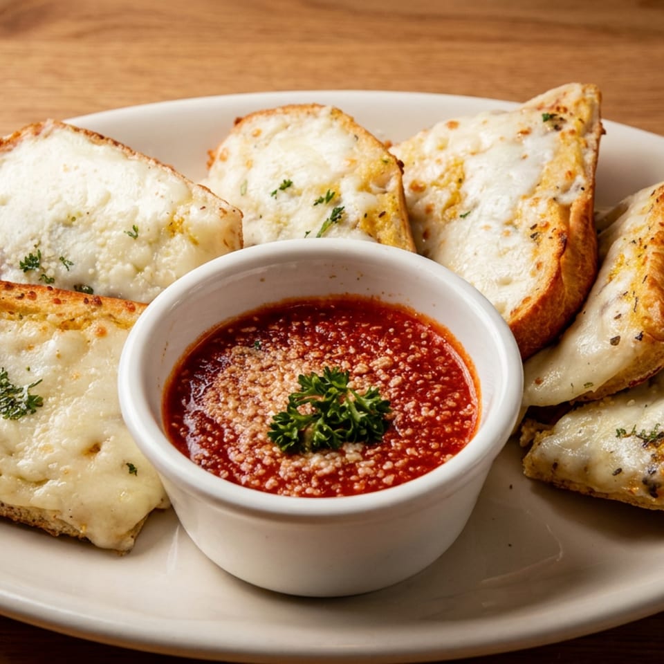 Cheesy toasted bread wedges garnished with herbs surround a bowl of marinara sauce on a white plate.