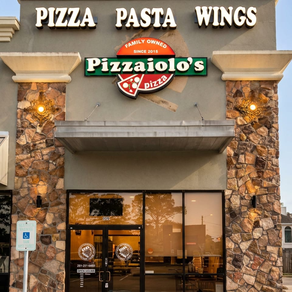 Pizzaiolo’s family-owned restaurant storefront with pizza, pasta, and wings signage, stone columns, and glass entrance.