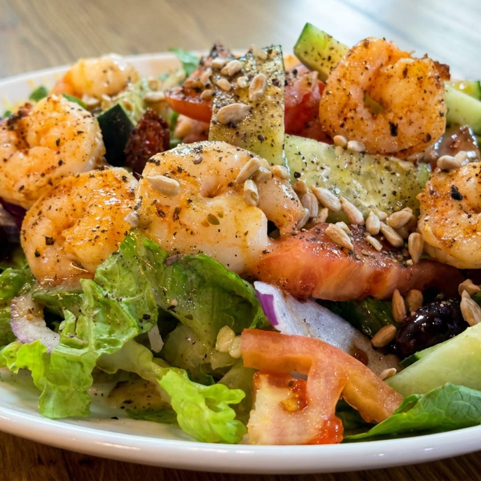 Grilled shrimp salad with lettuce, tomatoes, cucumber, olives, avocado, red onion, and sunflower seeds on a white plate.