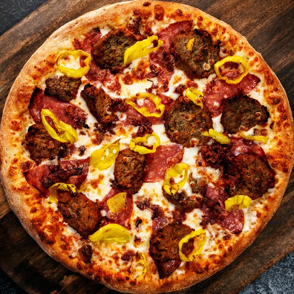 Overhead view of a loaded pizza with meatballs, pepperoni, sausage, melted cheese, and yellow peppers on a wooden serving board.