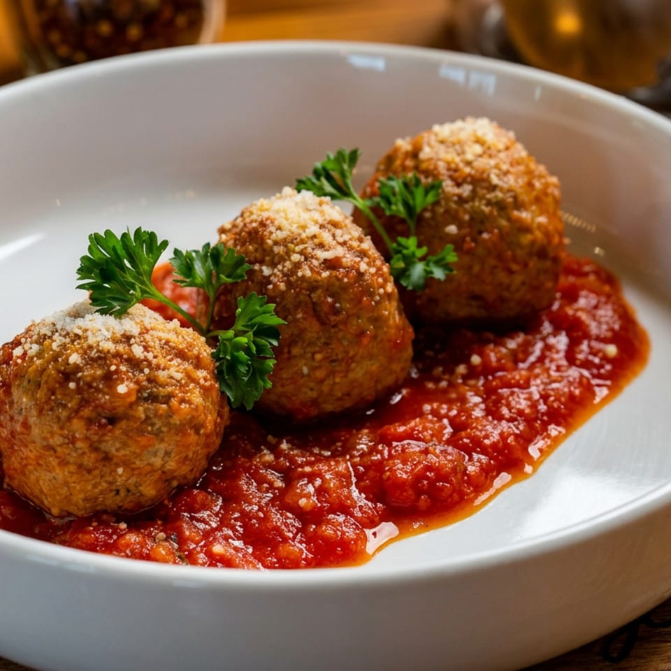 Three meatballs topped with grated cheese and parsley, served in chunky tomato sauce on a white plate.