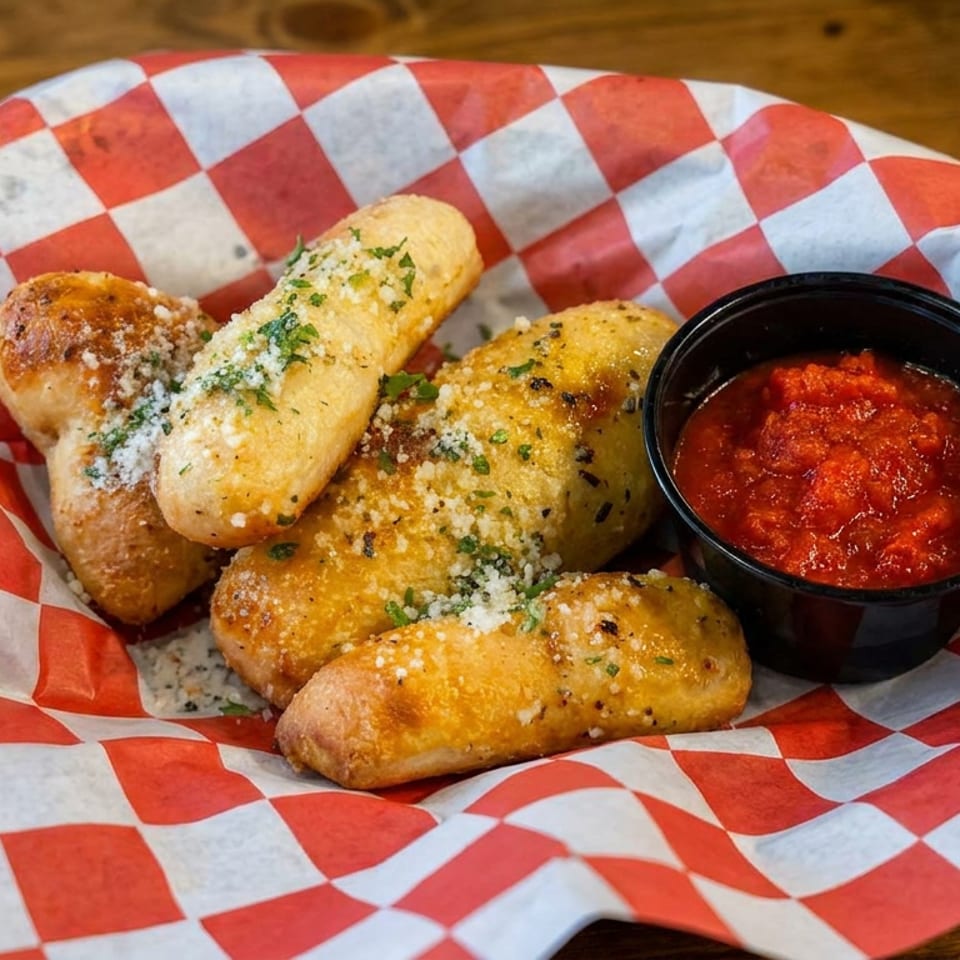 Golden garlic breadsticks sprinkled with herbs and cheese, served with marinara sauce in a black cup on checkered paper.