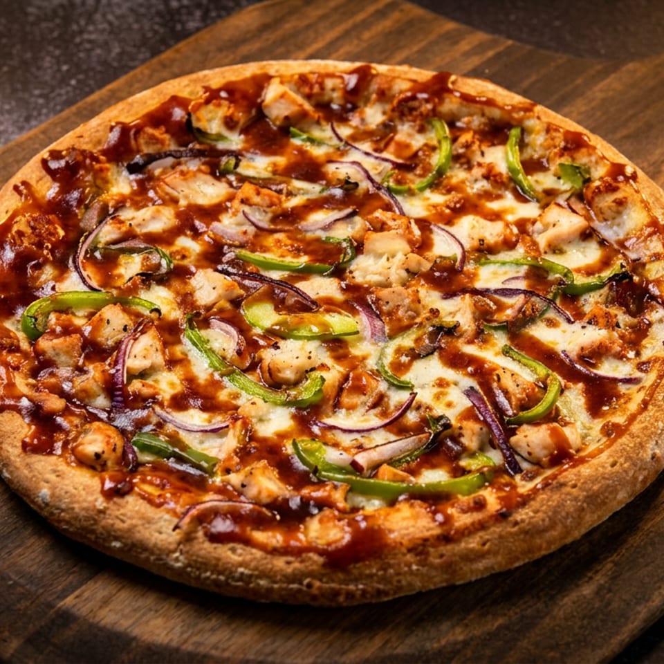 Thin-crust pizza topped with grilled chicken, green peppers, red onions, melted cheese, and barbecue sauce on a wooden serving board.