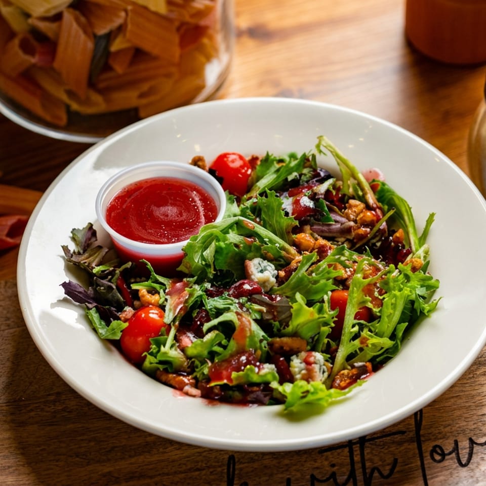Fresh mixed green salad with cherry tomatoes, walnuts, blue cheese, and tomato dressing on a wooden restaurant table.