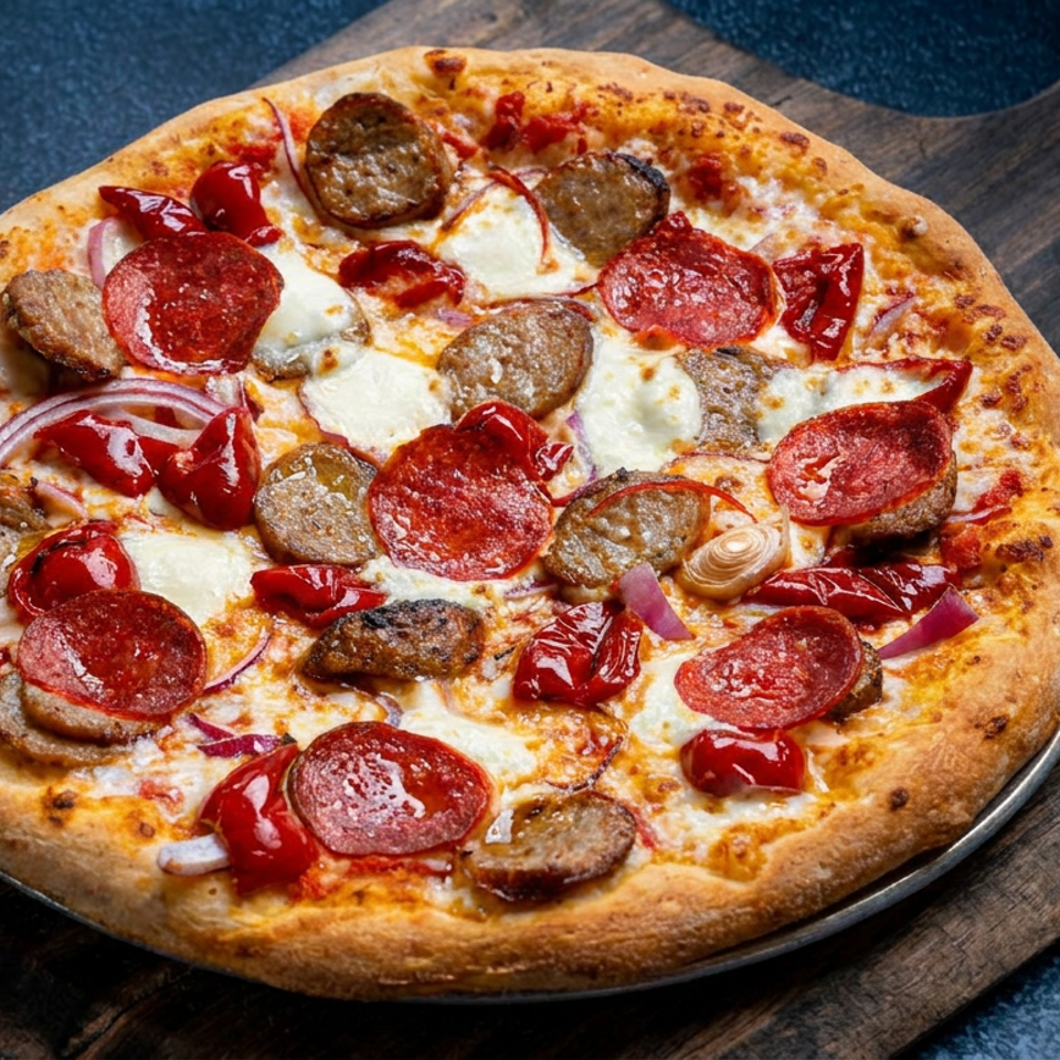 Loaded pizza topped with pepperoni, sausage, roasted red peppers, red onion, and melted cheese on a wooden serving board.